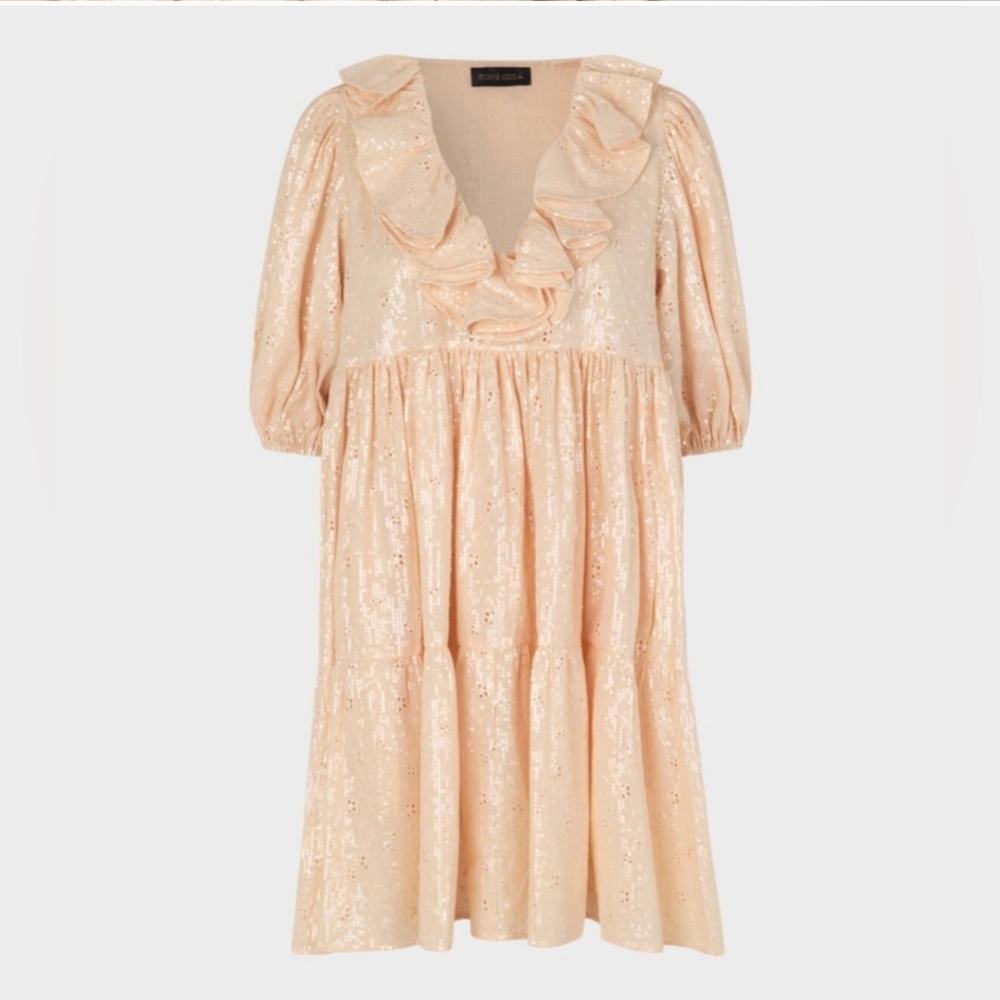 NWT Stine Goya Imperio Peach Sequin Ruffle Puff Sleeve Mini Dress XS - Picture 4 of 8